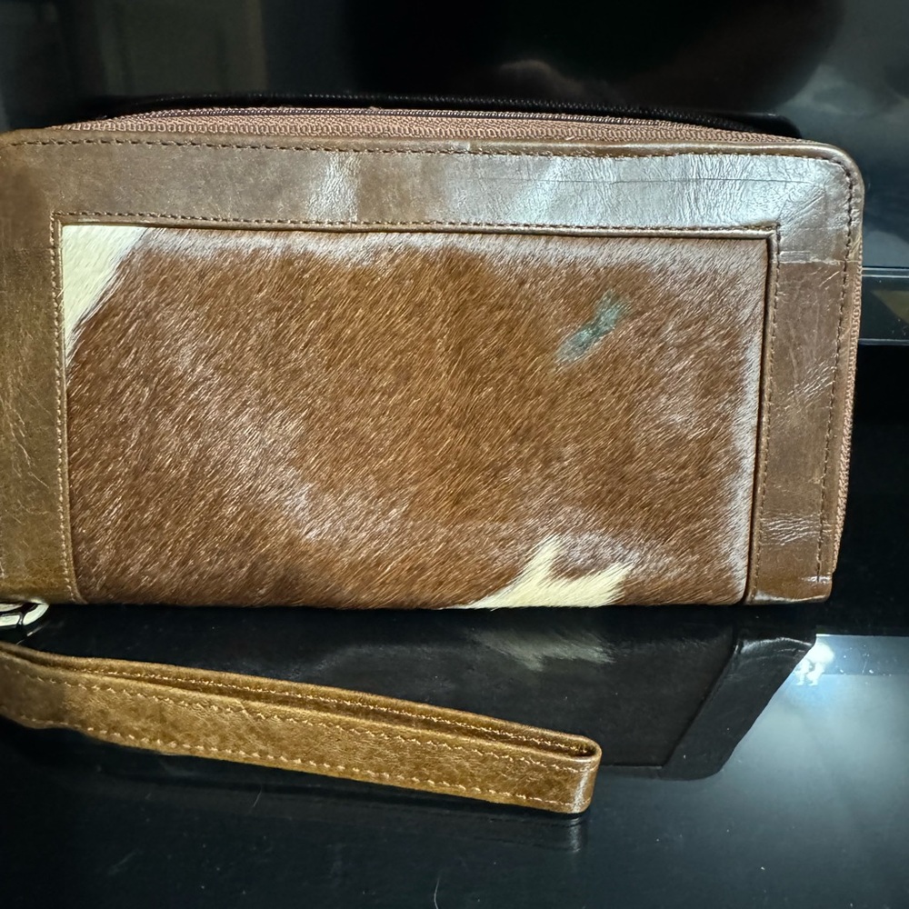 Brown and Cream Cowhide Wristlet Wallet